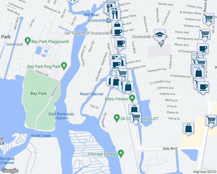 map of restaurants, bars, coffee shops, grocery stores, and more near 3417 Westminster Road in Oceanside