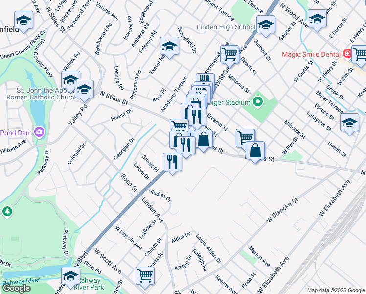 map of restaurants, bars, coffee shops, grocery stores, and more near 1102 New Jersey 27 in Linden