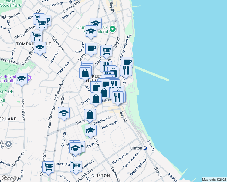 map of restaurants, bars, coffee shops, grocery stores, and more near 587 Bay Street in Staten Island