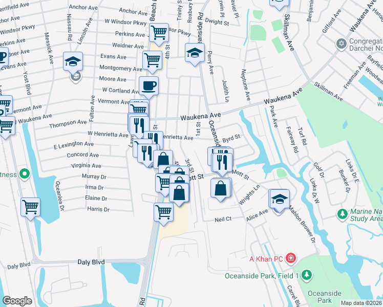 map of restaurants, bars, coffee shops, grocery stores, and more near 3419 2nd Street in Oceanside