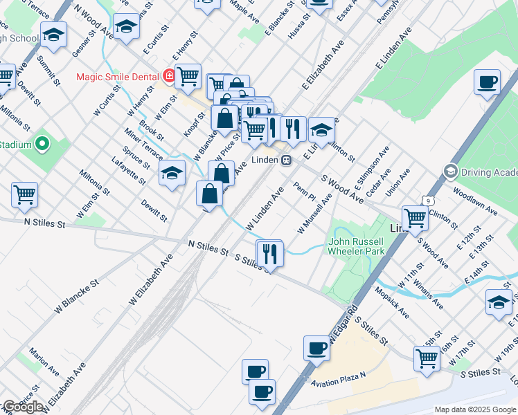 map of restaurants, bars, coffee shops, grocery stores, and more near 232 West Linden Avenue in Linden