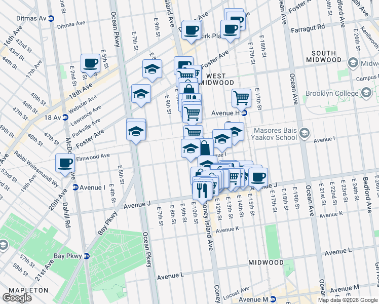 map of restaurants, bars, coffee shops, grocery stores, and more near 877 East 10th Street in Brooklyn