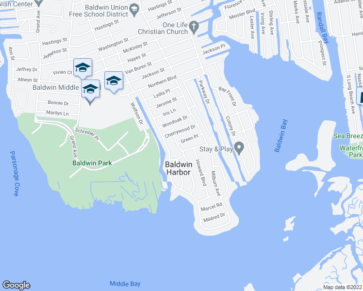 map of restaurants, bars, coffee shops, grocery stores, and more near 3387 Courtney Place in Baldwin