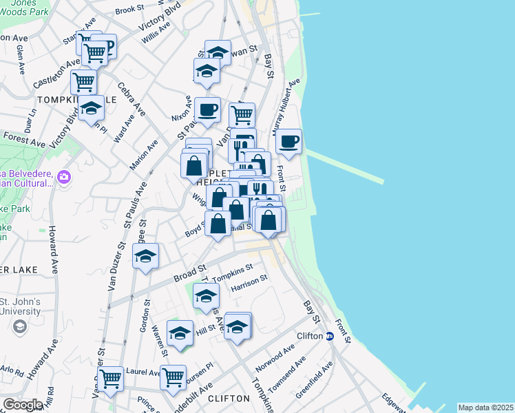 map of restaurants, bars, coffee shops, grocery stores, and more near 587 Bay Street in Staten Island