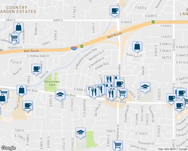 map of restaurants, bars, coffee shops, grocery stores, and more near 1864 Village Road East in Cottonwood Heights