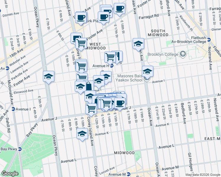 map of restaurants, bars, coffee shops, grocery stores, and more near 1426 Avenue I in Brooklyn
