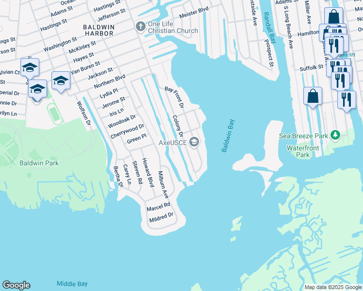 map of restaurants, bars, coffee shops, grocery stores, and more near 3434 Colony Drive in Baldwin