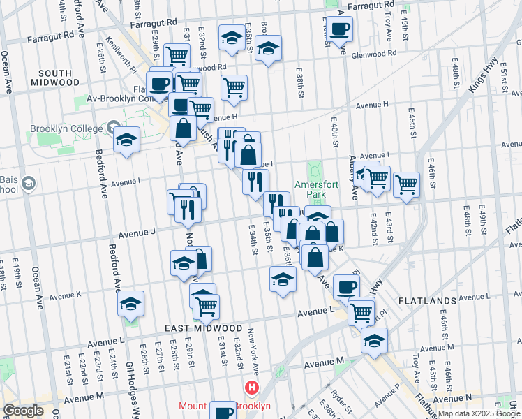 map of restaurants, bars, coffee shops, grocery stores, and more near 1750 Flatbush Avenue in Brooklyn