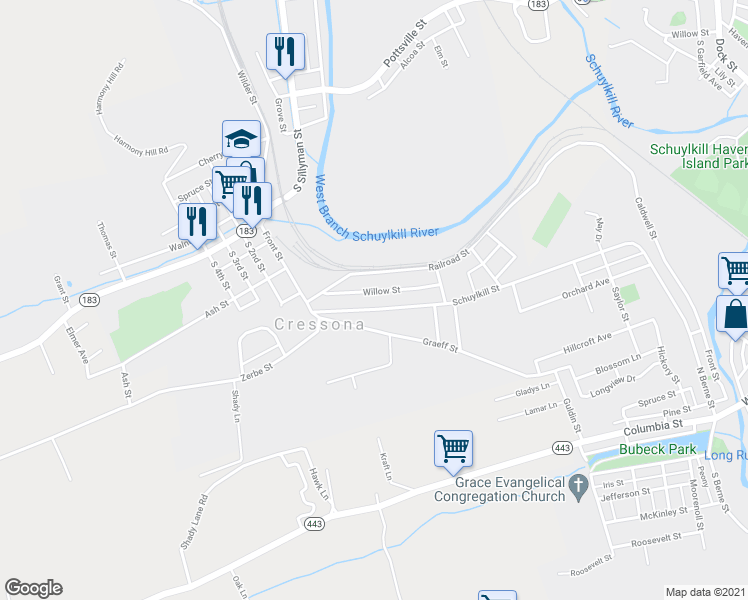 map of restaurants, bars, coffee shops, grocery stores, and more near 48 Schuylkill Street in Cressona