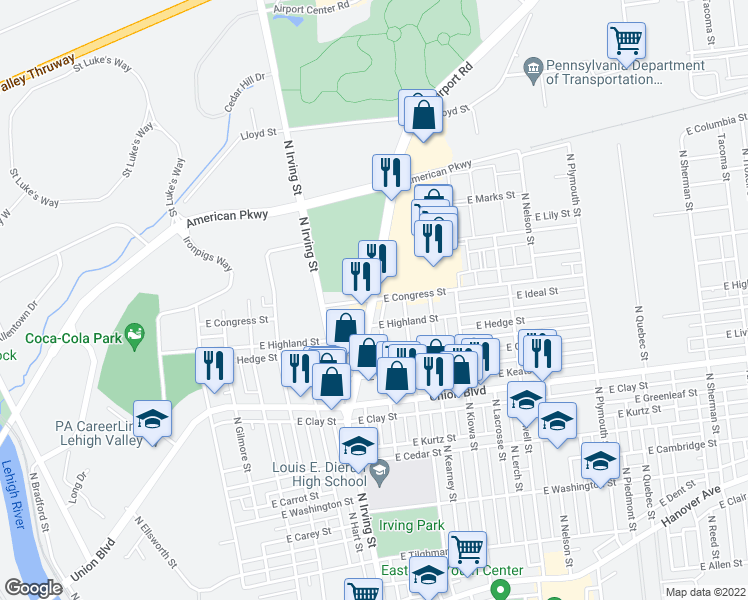 map of restaurants, bars, coffee shops, grocery stores, and more near Airport Rd & E Congress St in Allentown