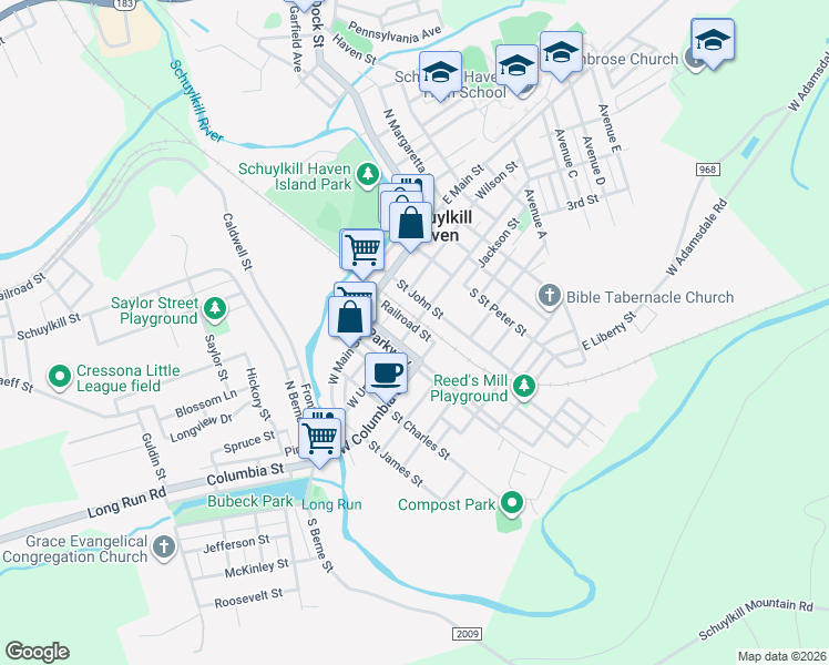 map of restaurants, bars, coffee shops, grocery stores, and more near 18 Railroad Street in Schuylkill Haven
