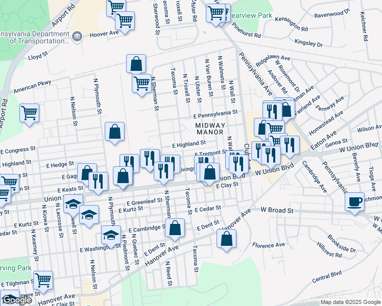 map of restaurants, bars, coffee shops, grocery stores, and more near 2017 East Tremont Street in Allentown