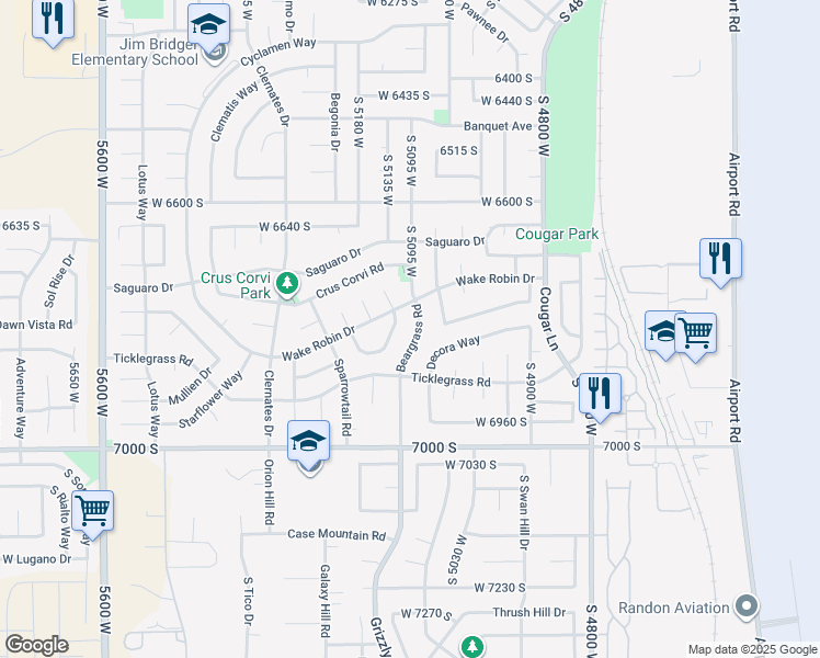 map of restaurants, bars, coffee shops, grocery stores, and more near 6808 Beargrass Road in West Jordan