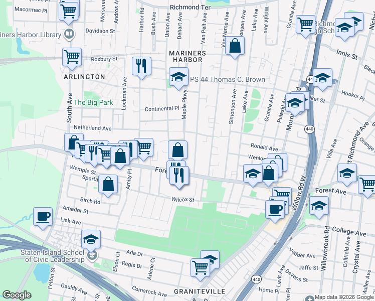 map of restaurants, bars, coffee shops, grocery stores, and more near 242 Maple Parkway in Staten Island