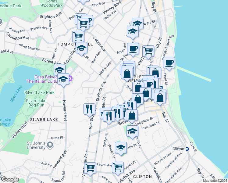map of restaurants, bars, coffee shops, grocery stores, and more near 462 Van Duzer Street in Staten Island