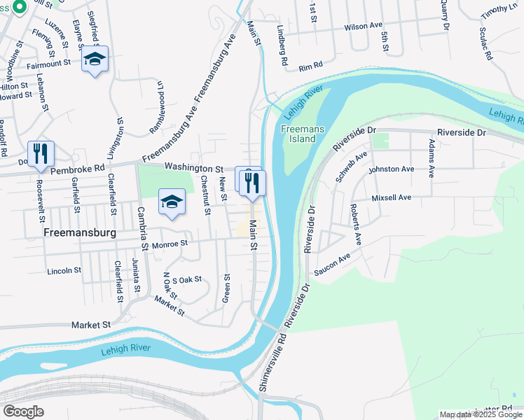 map of restaurants, bars, coffee shops, grocery stores, and more near 9 Madison Street in Freemansburg