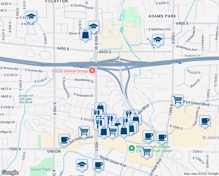 map of restaurants, bars, coffee shops, grocery stores, and more near 962 East 6795 South in Midvale