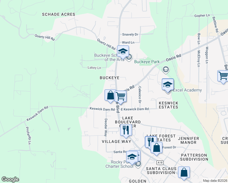 map of restaurants, bars, coffee shops, grocery stores, and more near 1506 Lake Boulevard in Redding
