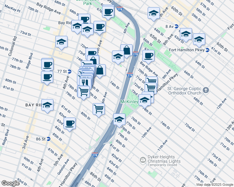 map of restaurants, bars, coffee shops, grocery stores, and more near 647 Bay Ridge Parkway in Brooklyn