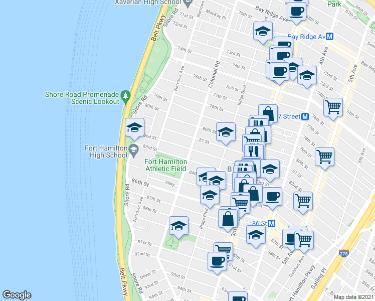 map of restaurants, bars, coffee shops, grocery stores, and more near 116 82nd Street in Brooklyn