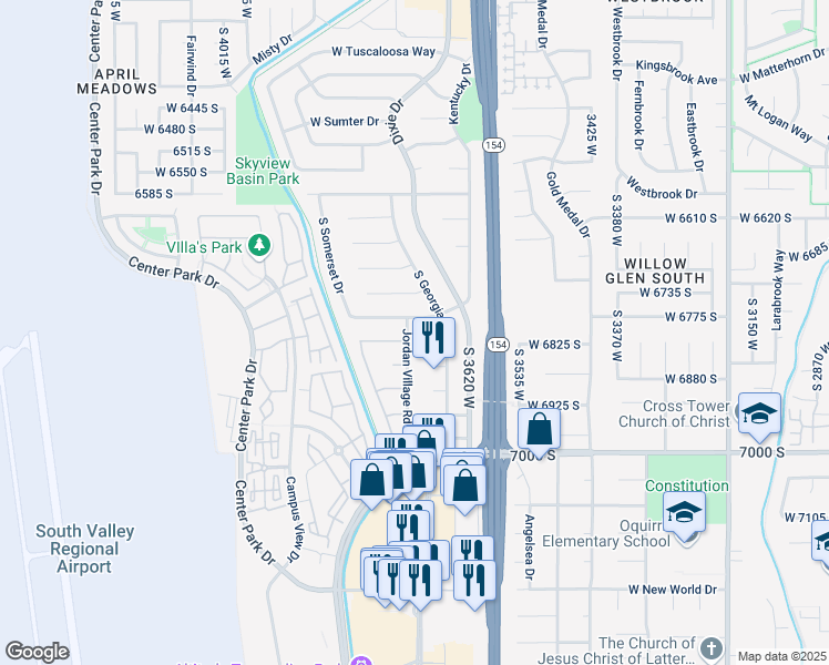 map of restaurants, bars, coffee shops, grocery stores, and more near 6801 Jordan Village Road in West Jordan