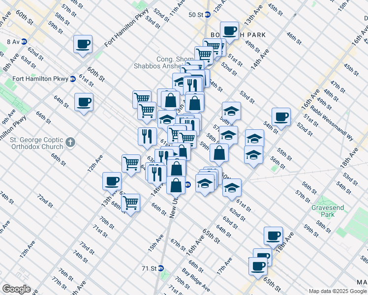 map of restaurants, bars, coffee shops, grocery stores, and more near 6010 New Utrecht Avenue in Brooklyn