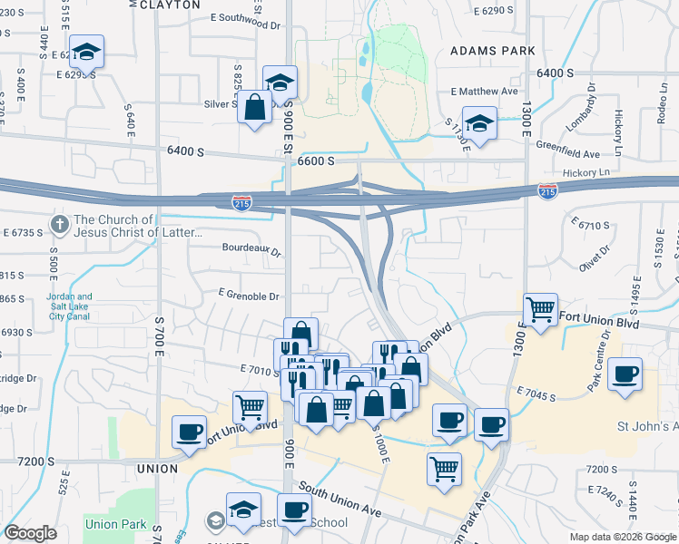 map of restaurants, bars, coffee shops, grocery stores, and more near 974 East 6795 South in Midvale