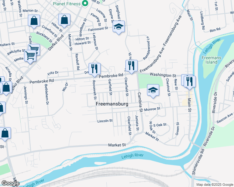 map of restaurants, bars, coffee shops, grocery stores, and more near 836 Karoly Street in Freemansburg