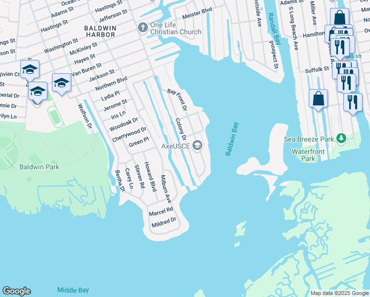 map of restaurants, bars, coffee shops, grocery stores, and more near 3434 Colony Drive in Baldwin