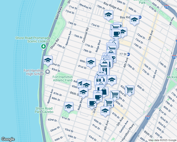 map of restaurants, bars, coffee shops, grocery stores, and more near 192 81 Street in Brooklyn