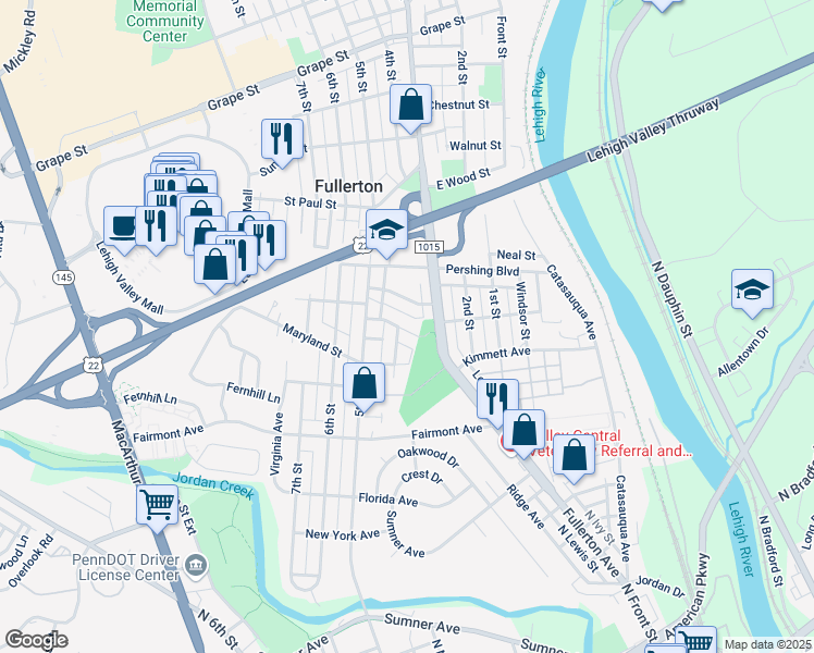 map of restaurants, bars, coffee shops, grocery stores, and more near 339 Calvert Street in Fullerton