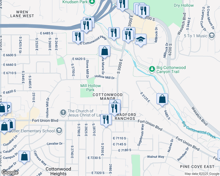 map of restaurants, bars, coffee shops, grocery stores, and more near 6798 Pine View Circle in Cottonwood Heights