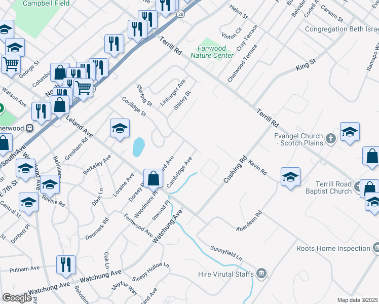 map of restaurants, bars, coffee shops, grocery stores, and more near 1286 Cambridge Avenue in Plainfield