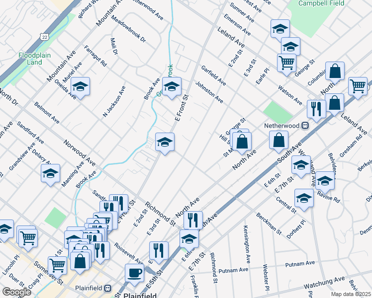 map of restaurants, bars, coffee shops, grocery stores, and more near 715 East 2nd Street in Plainfield