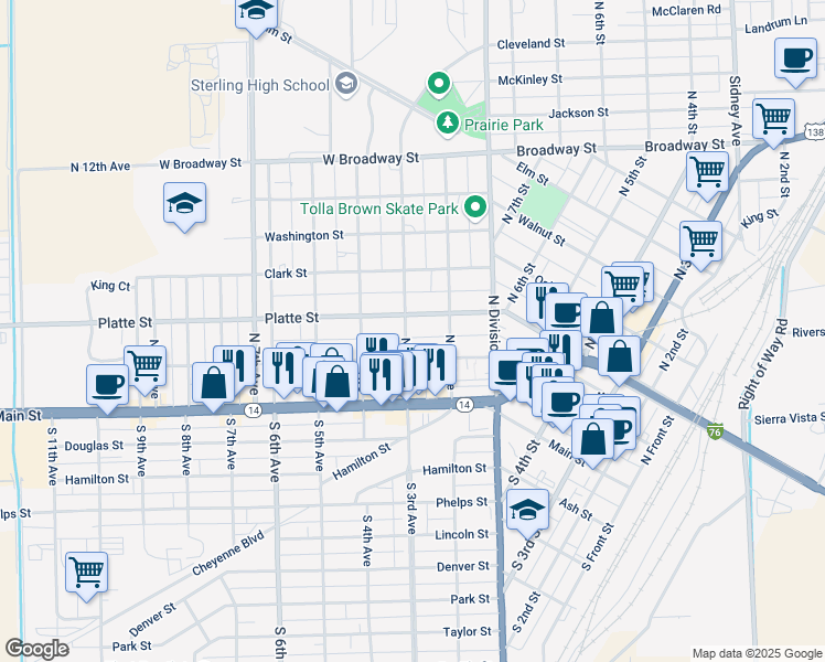 map of restaurants, bars, coffee shops, grocery stores, and more near 228 North 3rd Avenue in Sterling