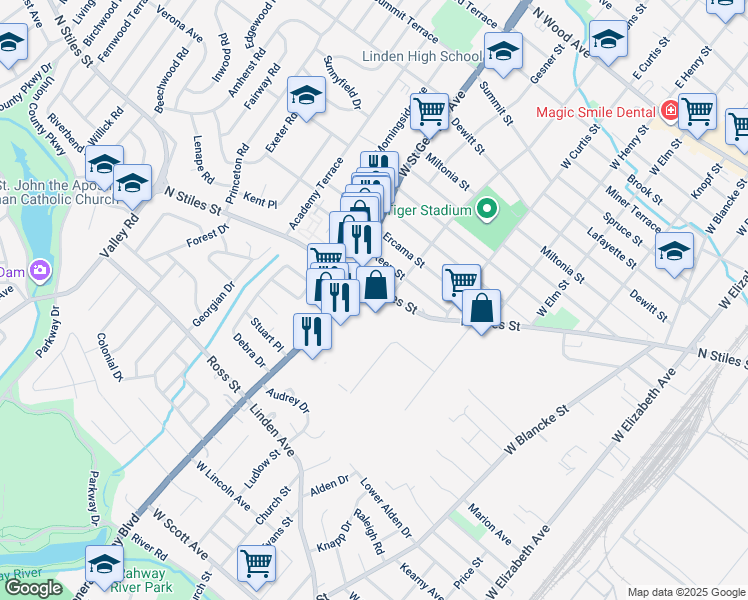 map of restaurants, bars, coffee shops, grocery stores, and more near 857 North Stiles Street in Linden