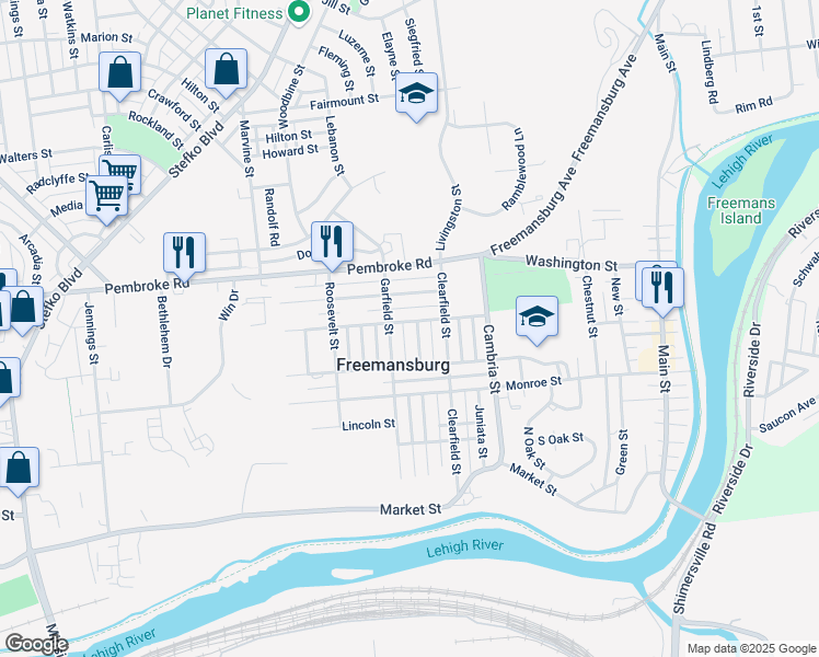 map of restaurants, bars, coffee shops, grocery stores, and more near 836 Karoly Street in Freemansburg