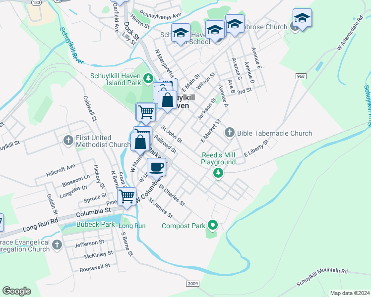 map of restaurants, bars, coffee shops, grocery stores, and more near 206 Saint John Street in Schuylkill Haven