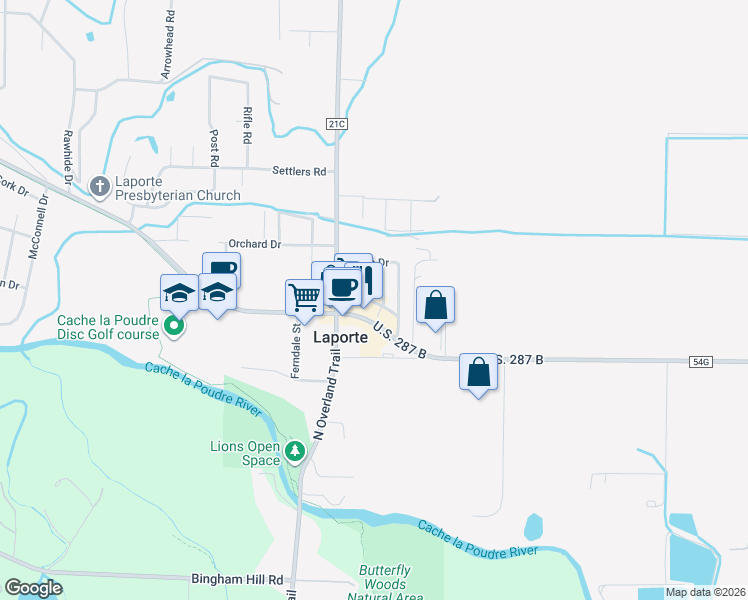 map of restaurants, bars, coffee shops, grocery stores, and more near 2804 Gardner Place in Laporte