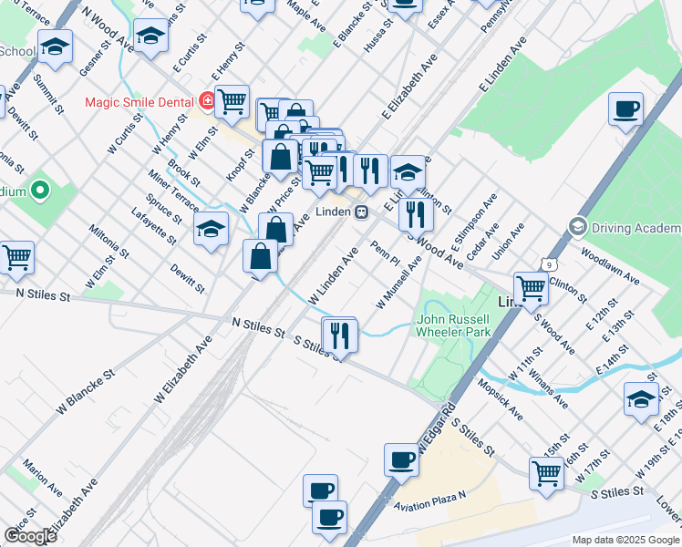 map of restaurants, bars, coffee shops, grocery stores, and more near 219 West Linden Avenue in Linden