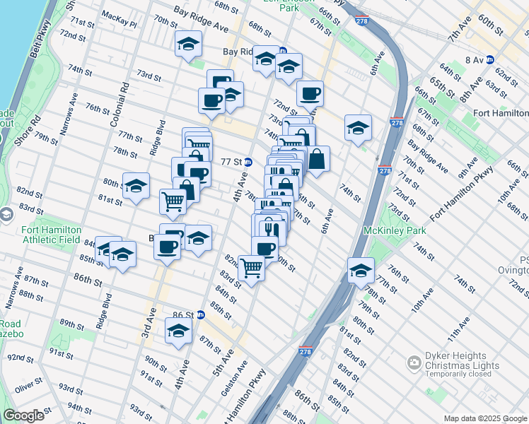 map of restaurants, bars, coffee shops, grocery stores, and more near 464 78th Street in Brooklyn