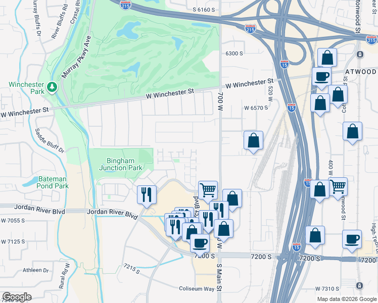 map of restaurants, bars, coffee shops, grocery stores, and more near 6807 Snickers Lane in Midvale