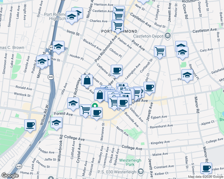 map of restaurants, bars, coffee shops, grocery stores, and more near 13 Cornell Street in Staten Island