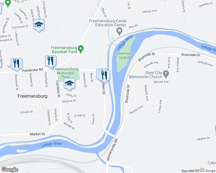 map of restaurants, bars, coffee shops, grocery stores, and more near 9 Madison Street in Freemansburg