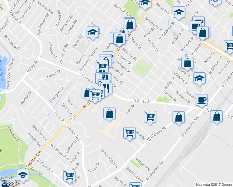 map of restaurants, bars, coffee shops, grocery stores, and more near 744 North Stiles Street in Linden