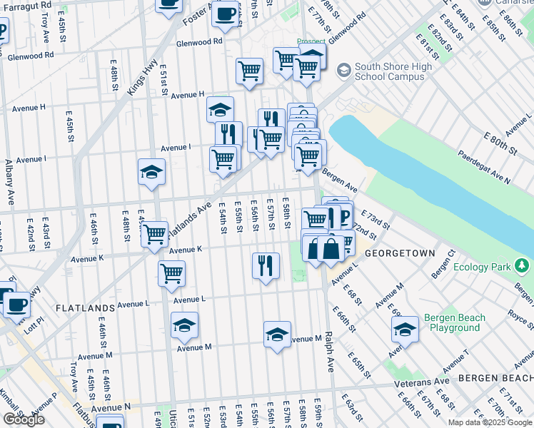 map of restaurants, bars, coffee shops, grocery stores, and more near 1040 East 57th Street in Brooklyn