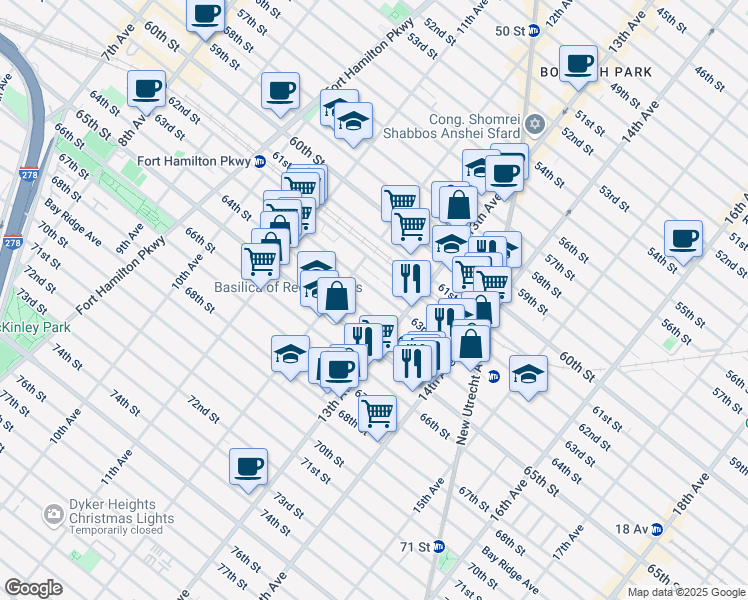 map of restaurants, bars, coffee shops, grocery stores, and more near 1261 63rd Street in Brooklyn