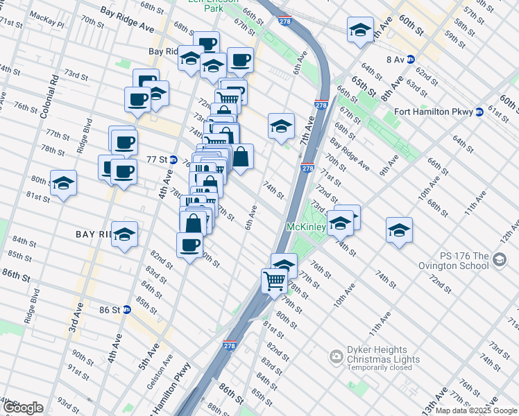 map of restaurants, bars, coffee shops, grocery stores, and more near 7507 6th Avenue in Brooklyn