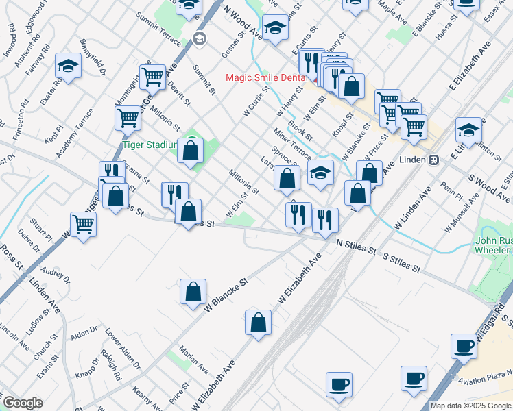 map of restaurants, bars, coffee shops, grocery stores, and more near 426 Laurita St in Linden