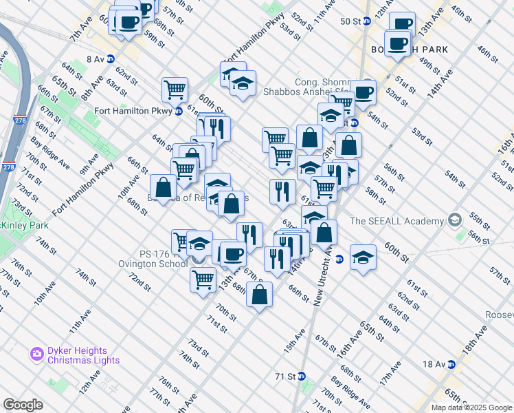 map of restaurants, bars, coffee shops, grocery stores, and more near 1238 63rd Street in Brooklyn